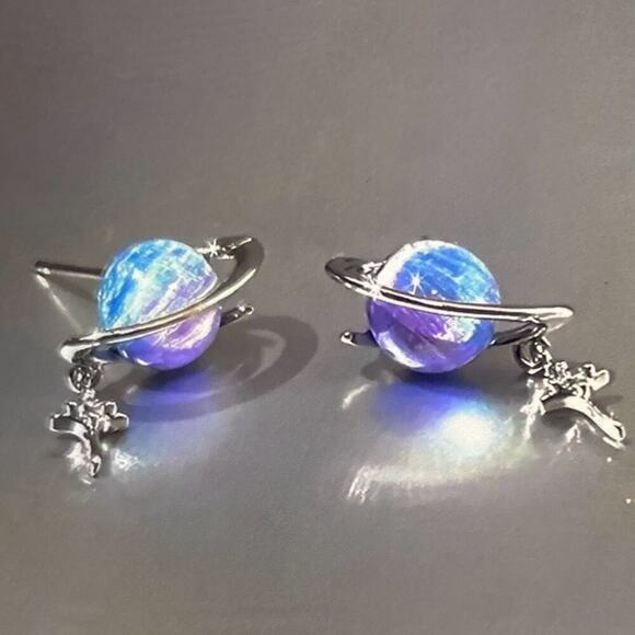 Planet design star sparkling Stud Earrings - Picture 2 of 7